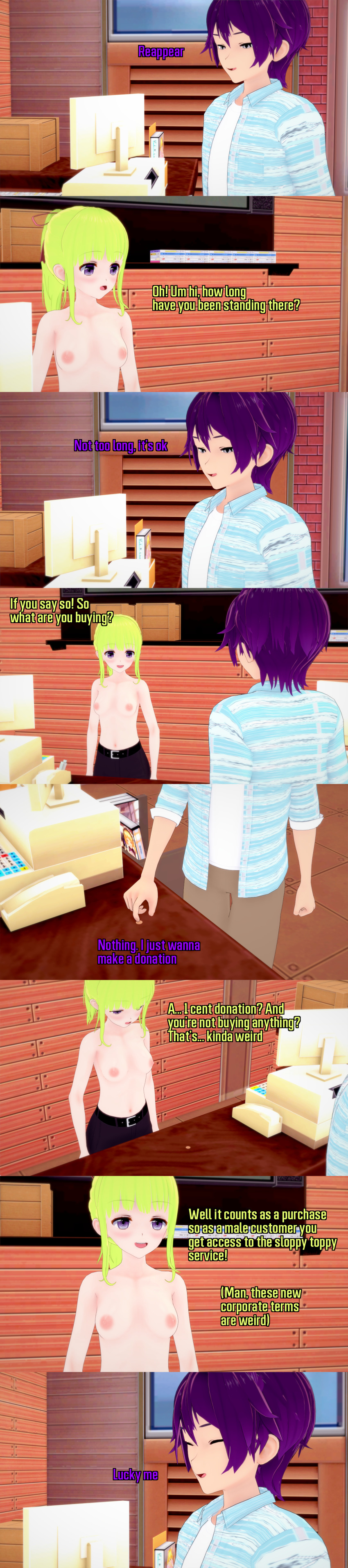 absurdres altered_common_sense blonde_hair breasts closed_eyes clothed dialogue english_text femsub grey_eyes maledom money nipples nude original ponytail purple_eyes purple_hair short_hair text zenin1