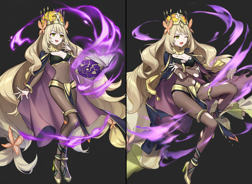 ai_art amadeus_(generator) blonde_hair book breasts cape celine_(fire_emblem) clothed corruption cosplay costume crossed_arms crown empty_eyes female_only femsub fire_emblem fire_emblem_awakening fire_emblem_engage floating green_eyes happy_trance high_heels levitation magic nintendo princess royalty simple_background smile solo tharja torn_clothes very_long_hair