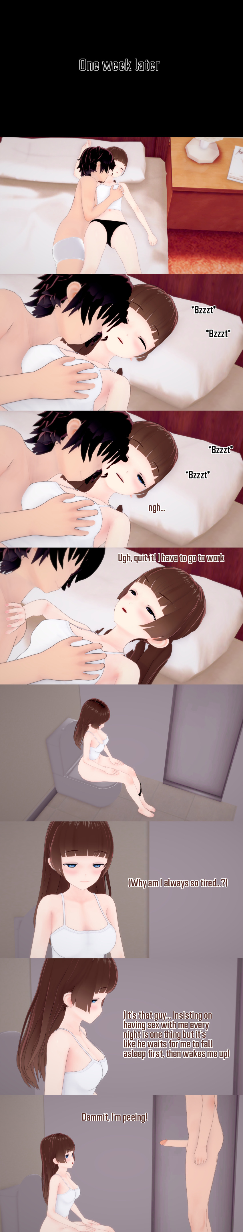 absurdres altered_common_sense angry bed bedroom black_hair blue_eyes brown_hair closed_eyes clothed dialogue english_text femsub long_hair maledom nude original penis short_hair sleeping text zenin1