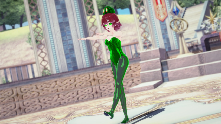 3d bodysuit boots character_request clothed copyright_request elf_ears empty_eyes expressionless femsub glasses open_mouth possession red_hair short_hair slime sonrio12 zombie_walk