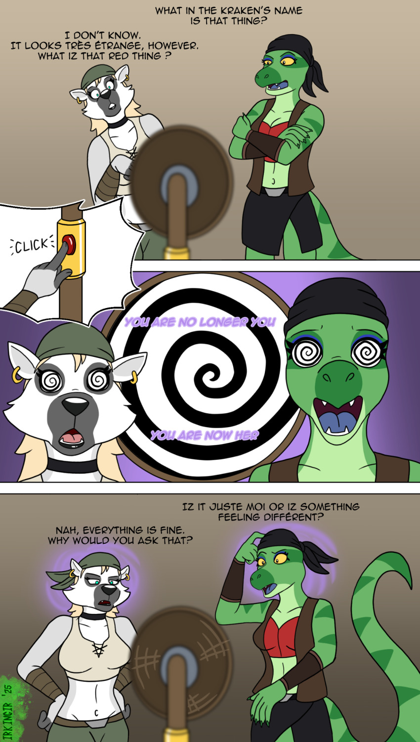 accidental_hypnosis bandana black_eyes blonde_hair blue_eyes bracers choker comic confused earrings female_only femsub french_text furry hypnotic_disc identity_swap irkingir jewelry lemur_girl lizard_girl open_mouth original pirate spiral spiralwash_eyes symbol_in_eyes tech_control text yellow_sclera