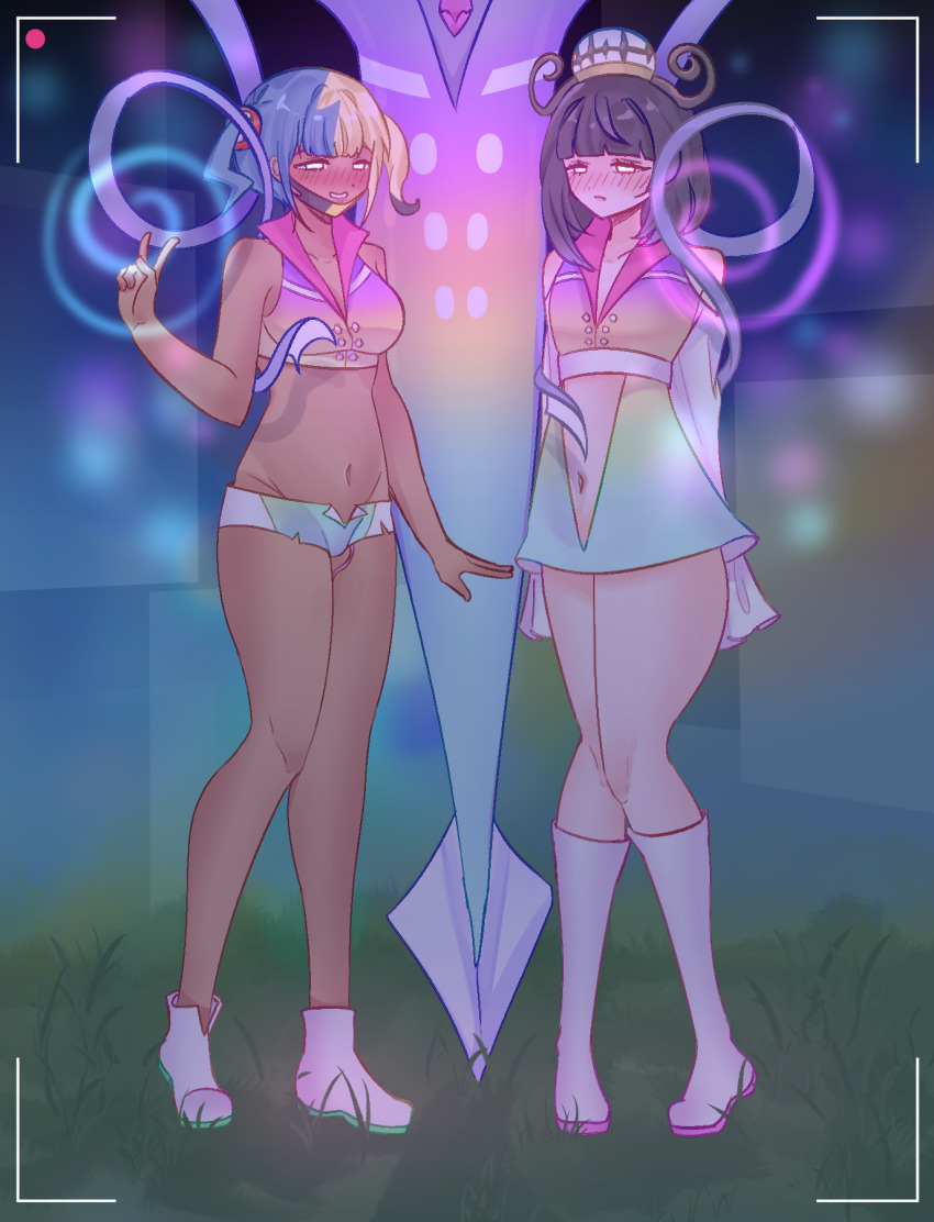 bare_shoulders black_hair blush canari_(pokemon) dark_skin femsub gwynn_(pokemon) malamar malamar_outfit mega_malamar missmilkou multicolored_hair multiple_girls navel nintendo pokemon pokemon_legends_z-a spiral vibrator