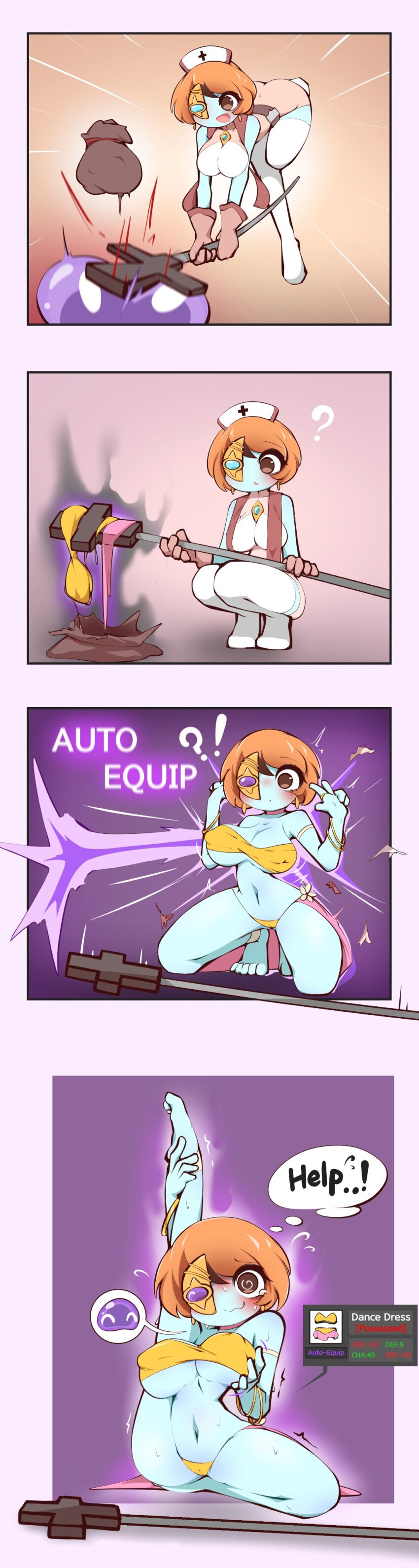 absurdres alternate_costume androgynous_dom aura aware bare_legs barefoot blue_eyes blue_skin blush body_control breast_fondling brown_hair character_request cleavage comic confused copyright_request dialogue embarrassed english_text eye_color_change eye_mask femsub hair_covering_one_eye harem_outfit heterochromia holding_breasts hypnotic_clothing large_breasts legs mallangtteog mask midriff navel nurse possession purple_eyes sitting slime spiral spiral_eyes spiralwash_eyes squatting surprised sweat text thought_bubble v weapon