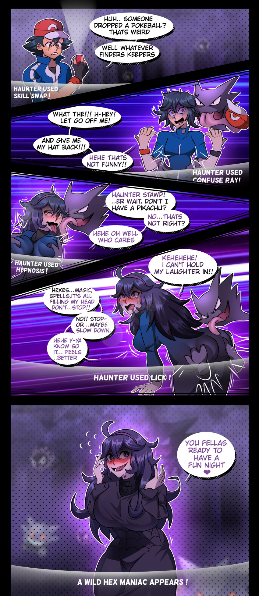 absurdres altered_common_sense ash_ketchum ass_grab before_and_after black_hair border breasts comic embarrassed english_text erasethismail femsub groping hair_ornament hairband hanging_breasts happy_trance hat haunter heart hex_maniac large_breasts long_hair malesub messy_hair nintendo open_mouth pokemon pokemon_(creature) pokemon_x_and_y purple_eyes smile speech_bubble spiral_eyes sweat sweater symbol_in_eyes text tongue_out transfem transformation transgender