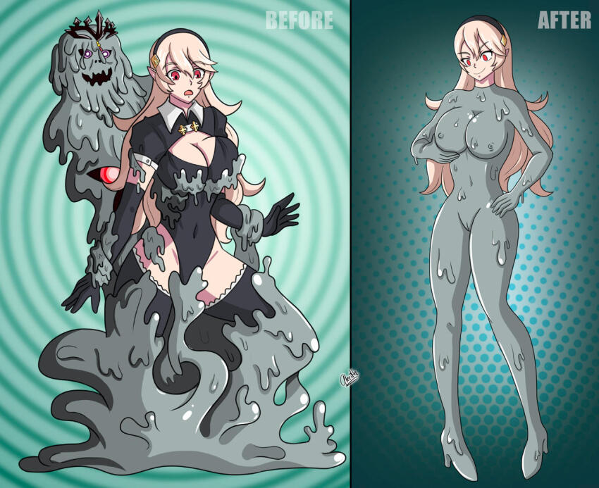 alerith alternate_costume alternate_form before_and_after black_sclera bondage breast_fondling cameltoe corrin_(fire_emblem) corruption crown dragon_girl elf_ears empty_eyes english_text erect_nipples erect_nipples_under_clothes evil_smile femsub fire_emblem fire_emblem_fates gloves groping high_heels holding_breasts hypnotic_slime king king_garon_(fire_emblem_fates) large_breasts living_costume long_hair maledom navel nintendo opera_gloves platinum_blonde_hair possession princess purple_eyes red_eyes restrained royalty slime smile spiral spiral_background standing text thighhighs thighs very_long_hair