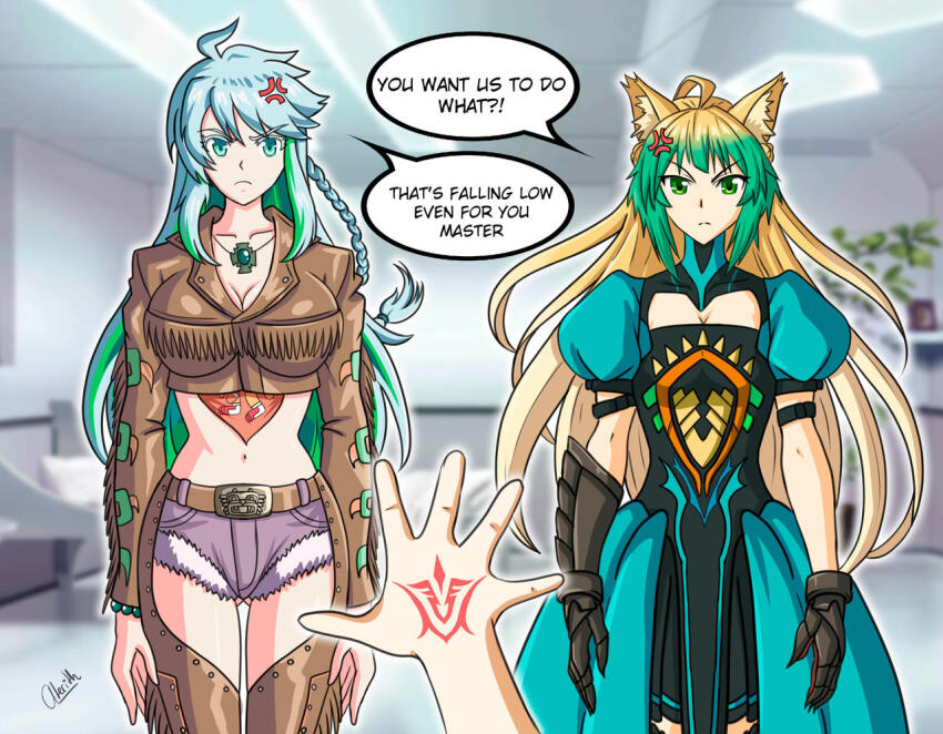 ahoge alerith angry atalanta_(fate) before_and_after blonde_hair blue_eyes blue_hair breasts cleavage command_seal dialogue english_text fate/grand_order fate_(series) gloves green_eyes green_hair kukulkan_(fate/grand_order) long_hair magic midriff multicolored_hair multiple_girls navel ritsuka_fujimaru_(male) speech_bubble text