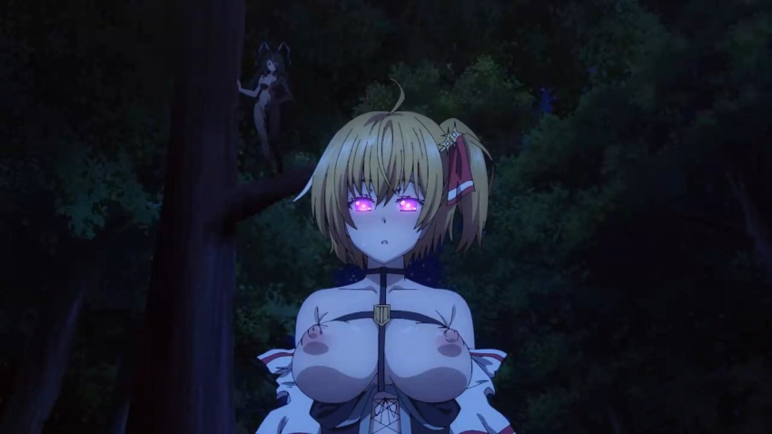 blonde_hair character_request dokyuu_hentai_hxeros exposed_chest expressionless femsub glowing_eyes huge_breasts screenshot short_hair side_ponytail