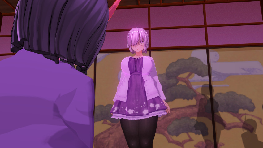 3d absurdres bedroom cleavage clothed coat complex_background custom_maid_3d_2 dark_side_ruler demon_girl dress fate/grand_order fate_(series) female_only femdom femsub fingerless_gloves glasses gloves hair_ornament large_breasts mashu_kyrielight multiple_girls oni_girl pantyhose pink_hair purple_eyes purple_hair short_hair shuten_doji yuri