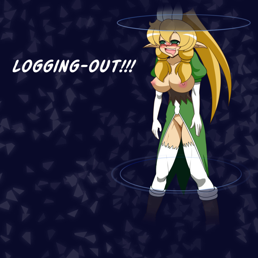 aware blonde_hair blush body_control breast_fondling breast_grab clothed_exposure dialogue embarrassed english_text femsub green_background happy_trance holding_breasts idpet long_hair maledom masturbation nude pussy sitting spread_legs suguha_kirigaya sword_art_online tech_control text