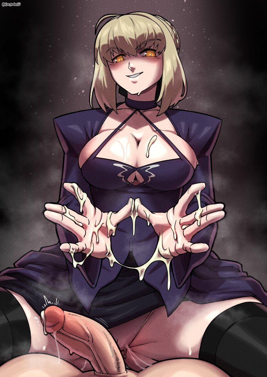 absurdres alternate_costume alternate_hairstyle angra_mainyu artoria_pendragon blush breasts cleavage corruption cum dress evil_smile eye_color_change fate/stay_night fate/stay_night_heaven&#039;s_feel fate_(series) femsub glowing_eyes gorgoden_wiener hair_color_change hypnotized_dom large_breasts looking_at_viewer male_pov malesub mind_break penis platinum_blonde_hair possession pov pov_sub queen royalty saber_alter slit_pupils smile smirk smoke