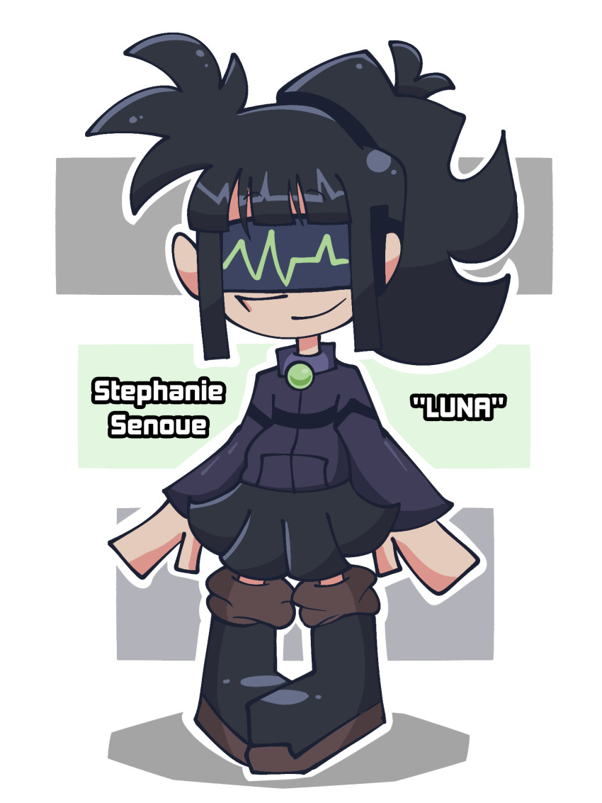 black_eyes black_hair boots drone dronification honeymakesart original simple_background skirt stephanie_senoue tech_control visor