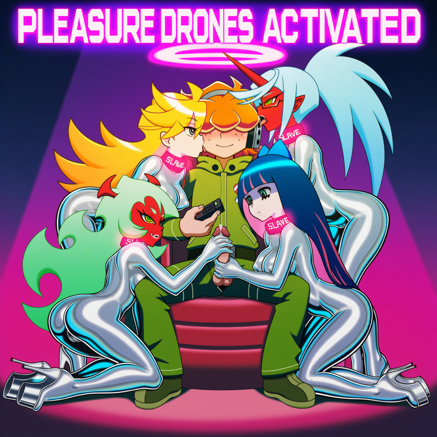 ai_art blonde_hair blue_hair bodysuit brief cameltoe collar drone english_text expressionless femsub graybot green_hair handjob harem hellsing002_(generator) high_heels horns kneeling kneesocks licking multiple_girls multiple_subs nipples panty panty_and_stocking_with_garterbelt pink_hair purple_hair remote_control scanty sitting stocking tech_control text tongue_out