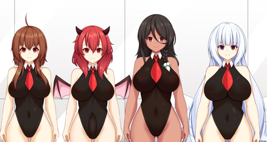 ahoge breasts brown_hair character_request empty_eyes female_only femsub happy_trance haru_(yakai) horns huge_breasts inma_(myuk) leotard liz_(mind_and_magic) long_hair mind_and_magic original penis red_hair standing standing_at_attention succubus tagme tie yakai
