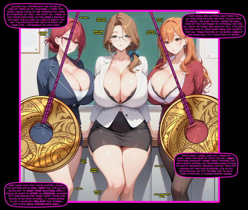 ai_art breasts classroom cleavage coin comic crossed_eyes dazed dialogue empty_eyes english_text female_only femsub huge_breasts large_breasts maledom manip original pendulum speech_bubble teacher text tiechonortheal_(manipper)