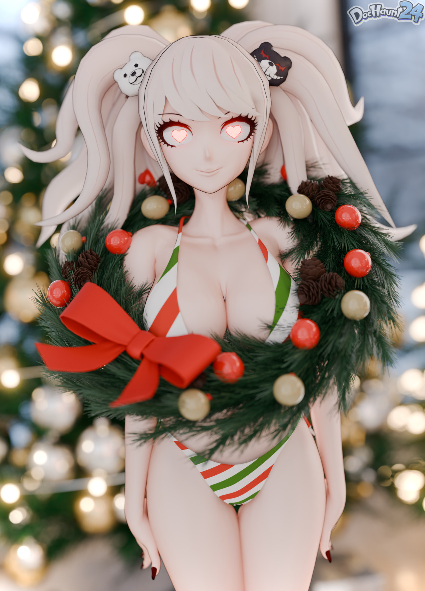 3d absurdres bikini breasts christmas cleavage dangan_ronpa dochaunt female_only femsub happy_trance heart heart_eyes junko_enoshima large_breasts smile solo standing standing_at_attention symbol_in_eyes twintails watermark