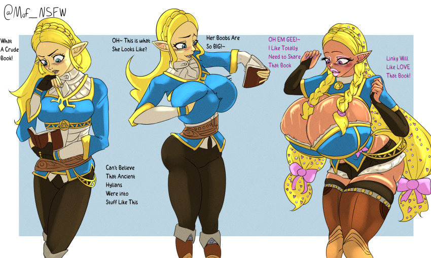 ass ass_expansion before_and_after bimbofication blonde_hair blue_eyes boots border braid brain_drain breast_expansion breasts cleavage collar corruption dialogue eyeshadow female_only femsub fingerless_gloves gloves hair_growth hair_ornament huge_ass huge_breasts hypnotic_object knees_together large_lips leggings light_skin lip_expansion lipstick long_hair makeup moffin nintendo opera_gloves pink_eyes pink_lipstick princess_zelda shirt short_shorts shorts simple_background tan_skin text the_legend_of_zelda thighhighs transformation very_long_hair