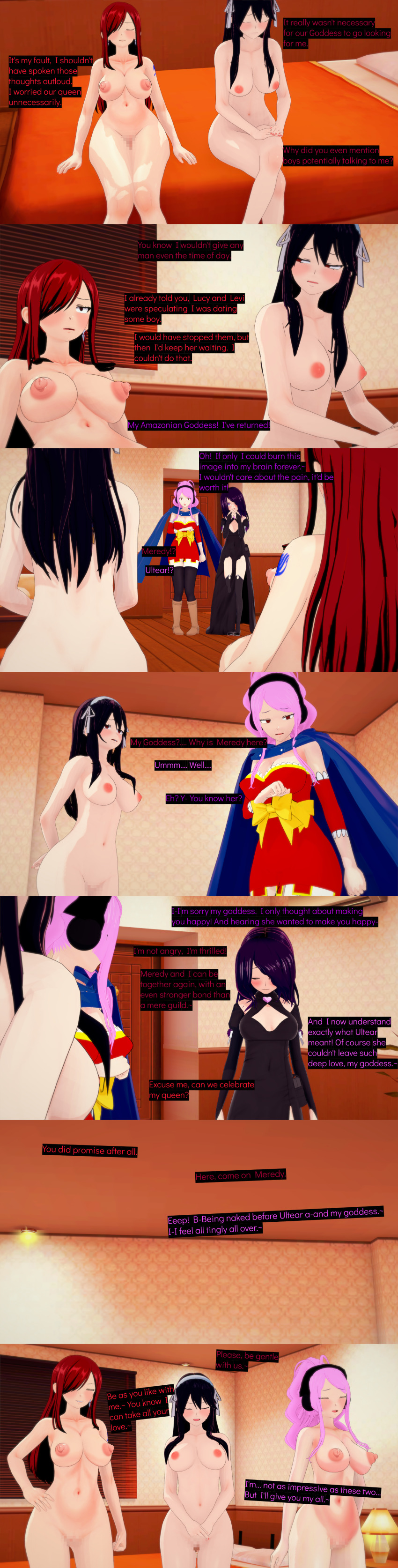 absurdres black_hair blue_eyes breasts censored clothed cyanstargazer dialogue english_text erza_scarlet fairy_tail female_only femdom femsub freckles hair_covering_one_eye long_hair meredy_(fairy_tail) multicolored_eyes multiple_girls multiple_subs nipples nude pink_eyes pink_hair pussy red_eyes red_hair tattoo text ultear_milkovich