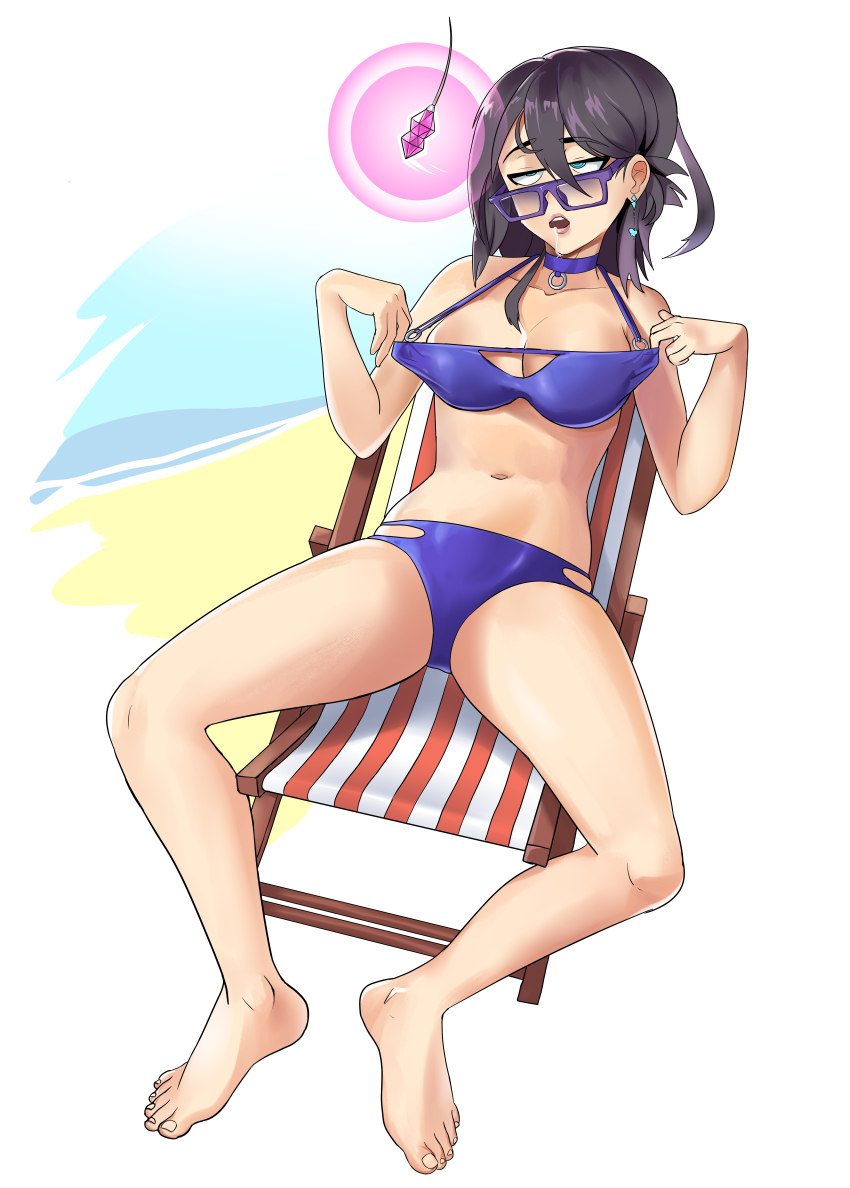 ark_royal_(azur_lane) azur_lane beach bikini bikini_bottom bikini_top black_hair breasts collar crystal drool female_only femsub glatu glowing pendulum sleepy sunglasses swimsuit undressing
