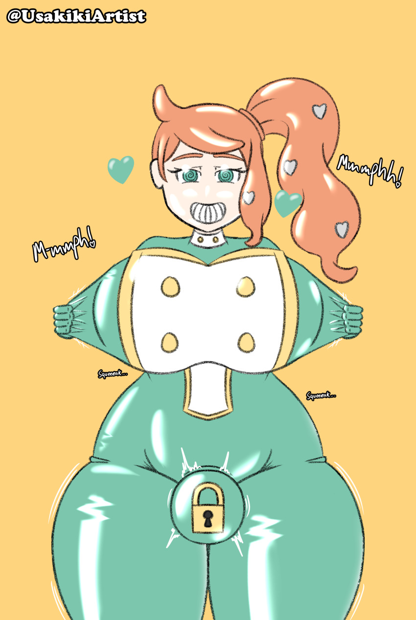 ass bodysuit breasts bulge female_only femsub futa_only futanari futasub green_eyes hair_ornament happy_trance heart huge_breasts latex meat_corp nintendo null_bulge orange_hair pokemon pokemon_sword_and_shield rubber side_ponytail smile sonia_(pokemon) spiral_eyes standing symbol_in_eyes thick_thighs uniform usakiki