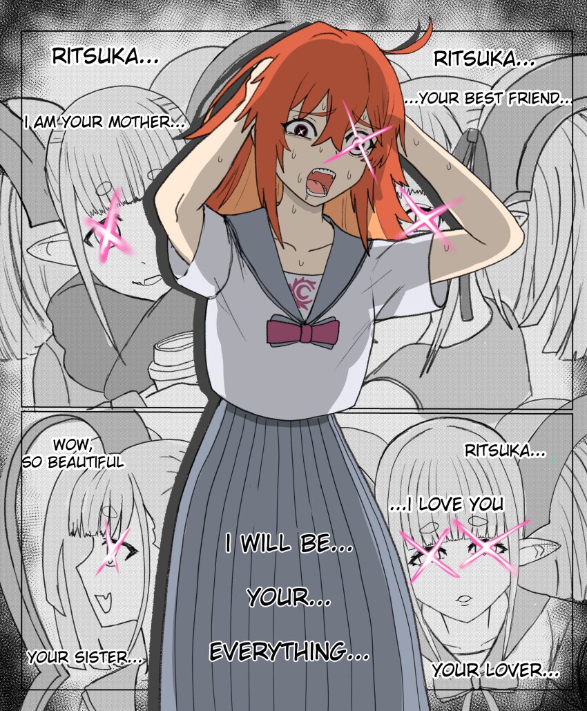 absurdres ahoge artrum eyebrows_visible_through_hair fate/grand_order fate_(series) femdom femsub glowing glowing_eyes goddess horns hypnotic_eyes hypnotic_magic long_skirt magic memory_alteration open_mouth orange_hair resisting ritsuka_fujimaru_(female) school_uniform shrunken_irises skirt smile sweat symbol_in_eyes tiamat_(fate/grand_order) unhappy_trance uniform yuri