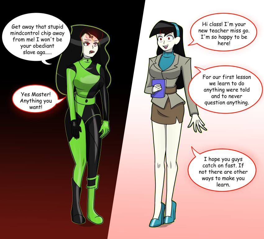 before_and_after black_hair dialogue empty_eyes femsub happy_trance hy2300 kim_possible_(series) long_hair microchip shego teacher text