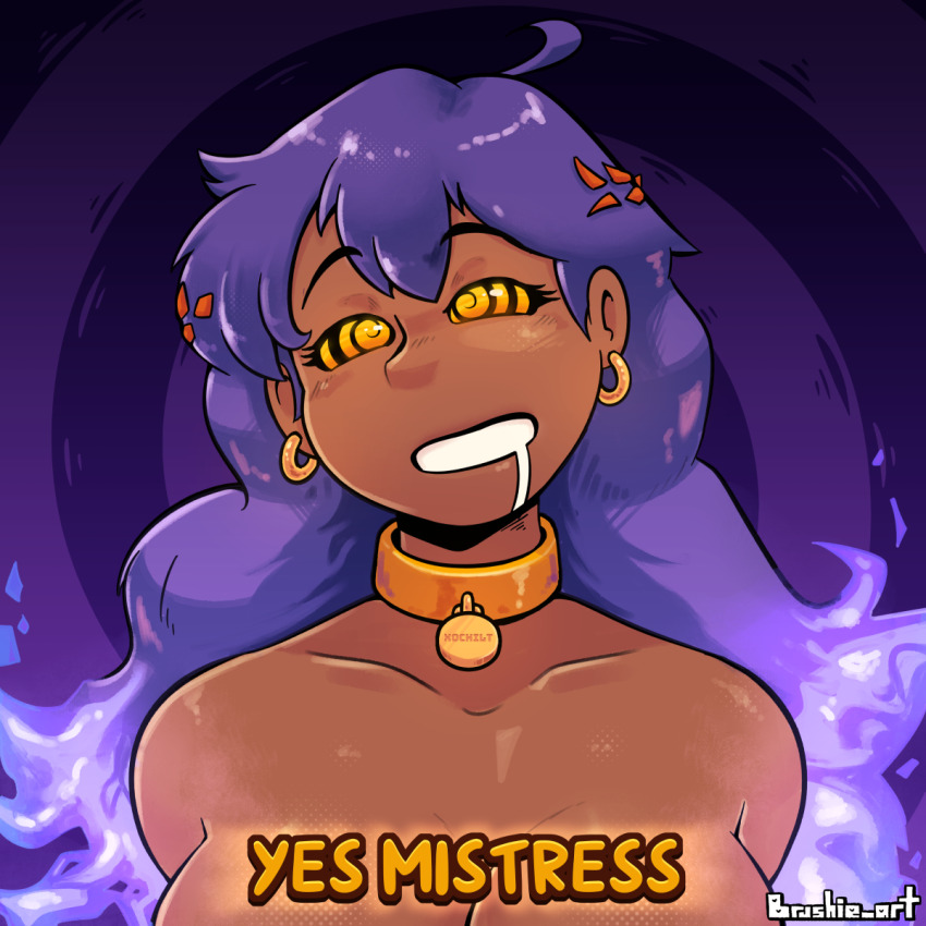 ahoge blush breasts brushie_art collar collarbone convenient_censoring dark_skin dog_tags drool earrings eyebrows_visible_through_hair female_only femdom femsub ghost happy_trance large_breasts latina long_hair looking_at_viewer nude original purple_background purple_hair signature spiral_background spiralwash_eyes text xochilt_(toast) yellow_eyes