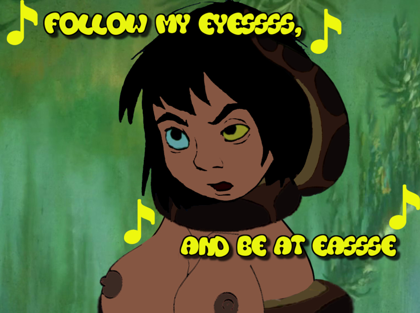 aged_up breasts coils dazed disney femsub genderswap hypnotic_eyes kaa kaa_eyes large_breasts maledom mowgli nude singing text the_jungle_book topless waqqed_(manipper)