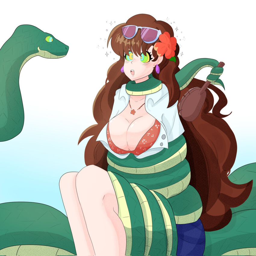 a_singular_fish blush bra brown_hair cleavage coils earrings female_only femsub flower_in_hair kaa_eyes large_breasts legs long_hair natsu_kashii necklace open_mouth open_shirt restrained simple_background sitting skirt snake sparkle sunglasses t-shirt virtual_youtuber