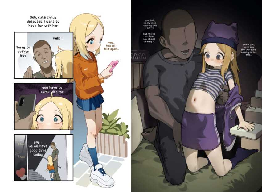 age_difference altered_common_sense arched_back before_and_after blonde_hair blue_eyes blush comic cosplay dark_skin digimon digimon_frontier english_text erect_nipples erect_nipples_under_clothes femsub flat_chest hat hypnotic_app hypnotic_screen kani_fish light_skin loli long_hair maledom navel pale_skin phone simple_background skirt small_breasts speech_bubble spiral_eyes zoe_orimoto