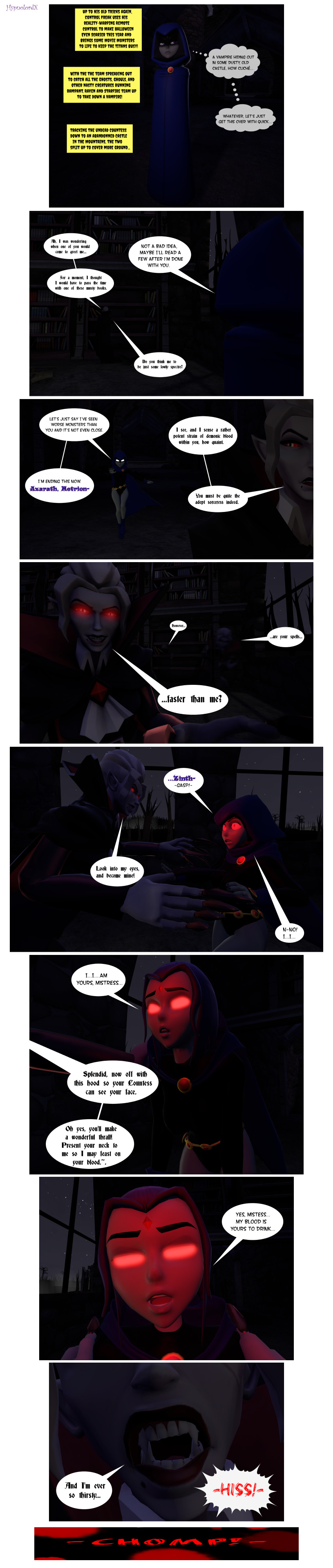 3d bent_over cape comic corruption dazed dc_comics dialogue expressionless fangs female_only femdom femsub glowing_eyes grey_skin hood hypnolordx hypnotic_eyes purple_hair raven red_eyes short_hair signature silver_hair source_filmmaker speech_bubble super_hero text vampire