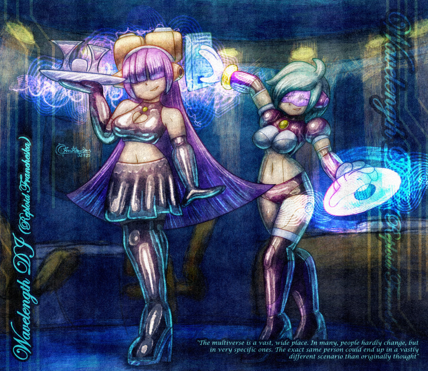 ameerashourdraws bangs boots femdom femsub gloves green_hair hacking latex layer megaman_(series) megaman_x_(series) original purple_hair robot robot_girl tagme text visor