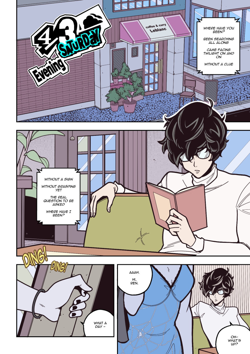 black_nail_polish bracelet clothed comic dialogue dress efalabrino glasses joker_(persona_5) nail_polish persona_(series) persona_5 sitting speech_bubble standing sweater tae_takemi tagme text