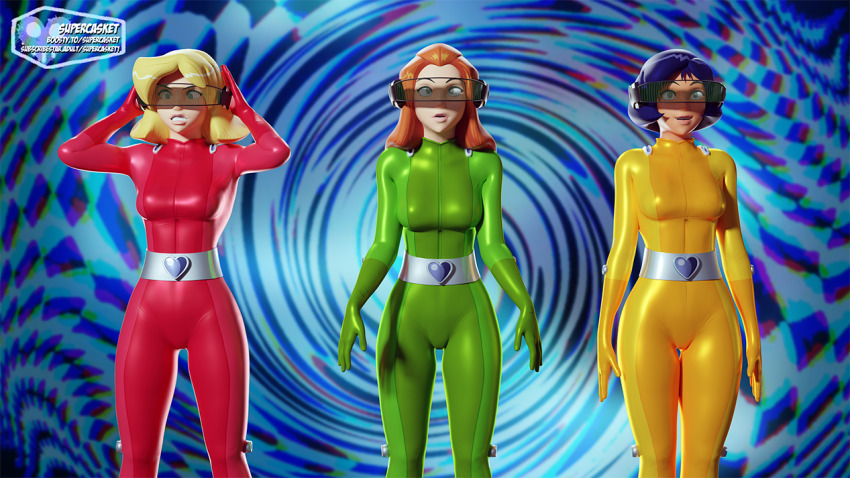 3d alex angry blender blonde_hair blue_hair bodysuit clover crossed_eyes dark_skin female_only femsub hand_on_head long_hair orange_hair red_hair resisting sam short_hair signature smile spiral spiral_background standing standing_at_attention supercasket tech_control tight_clothing totally_spies