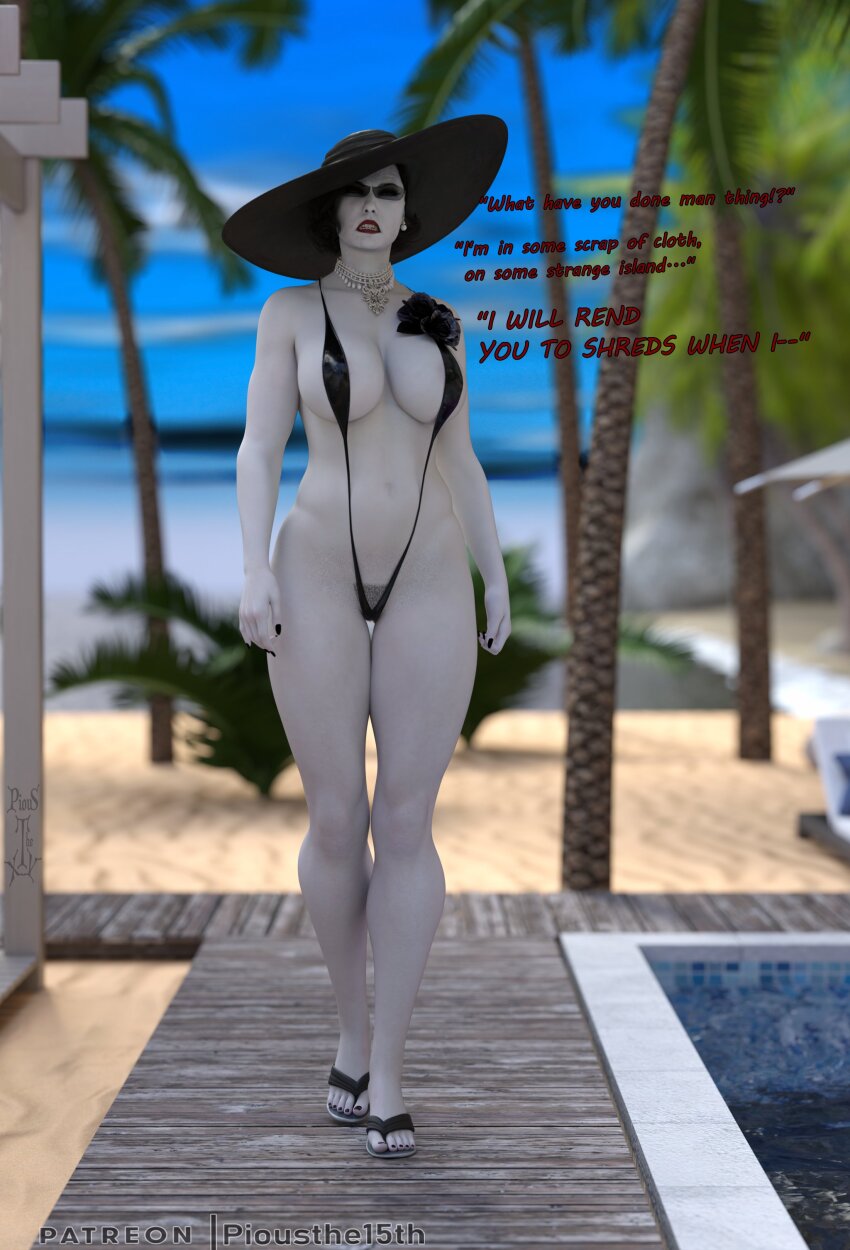 15thpious 3d alcina_dimitrescu angry beach before_and_after bimbofication breasts earrings feet hat huge_ass huge_breasts huge_hips jewelry large_ass large_breasts large_hips lipstick milf necklace pale_skin red_lipstick resident_evil resident_evil_village sandals sling_bikini swimsuit tagme text