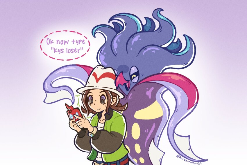 beak black_sclera brown_eyes brown_hair clothed coat collarbone empty_eyes femsub gradient_background harmony_(pokemon) hat humor jacket malamar meme nintendo ouroborotter pokemon pokemon_(creature) pokemon_legends_z-a pokemon_x_and_y ponytail shirt short_hair simple_background text white_eyes