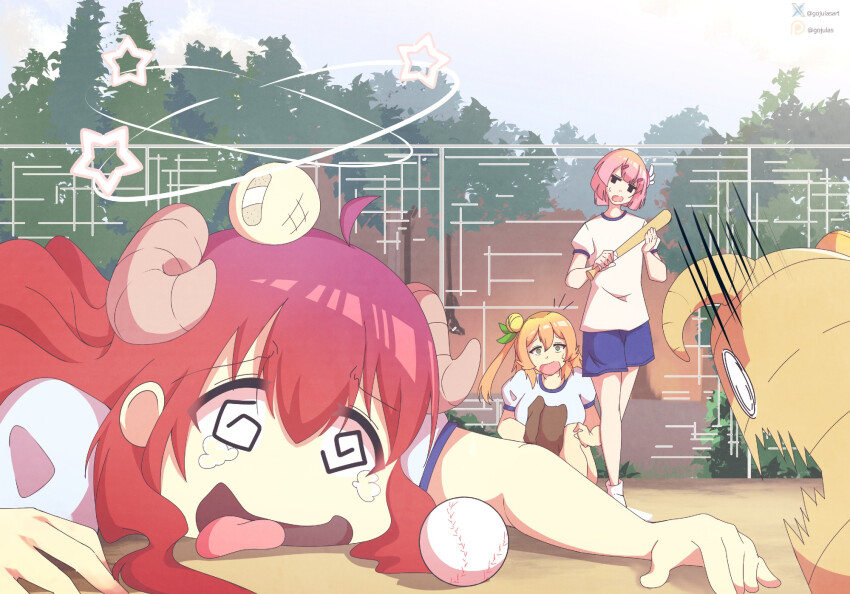 accidental_hypnosis ahoge bandage baseball chiyoda_momo dazed demon_girl drool eyebrows_visible_through_hair female_only femsub flat_chest gojulas green_eyes hair_clips hair_ornament halo hinatsuki_mikan horns humor hypnovember lilith_(machikado_mazoku) long_hair lying machikado_mazoku open_mouth orange_hair pink_hair red_hair shirt shoes short_hair shorts shrunken_irises sitting spiral_eyes sportswear sweat tongue tongue_out yoshida_yuuko_(machikado_mazoku)