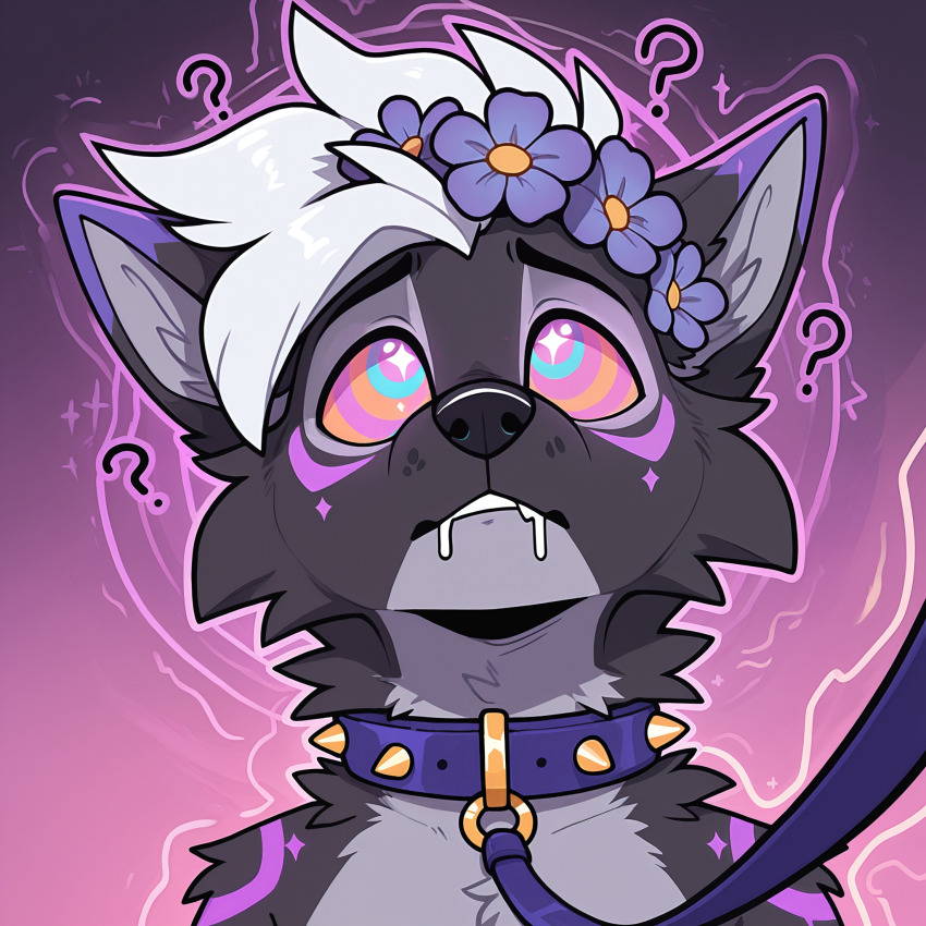 ai_art collar confused drool flower flower_in_hair fox_boy furry hypai_(generator) hypnotic_eyes leash magic male_only wolf_boy