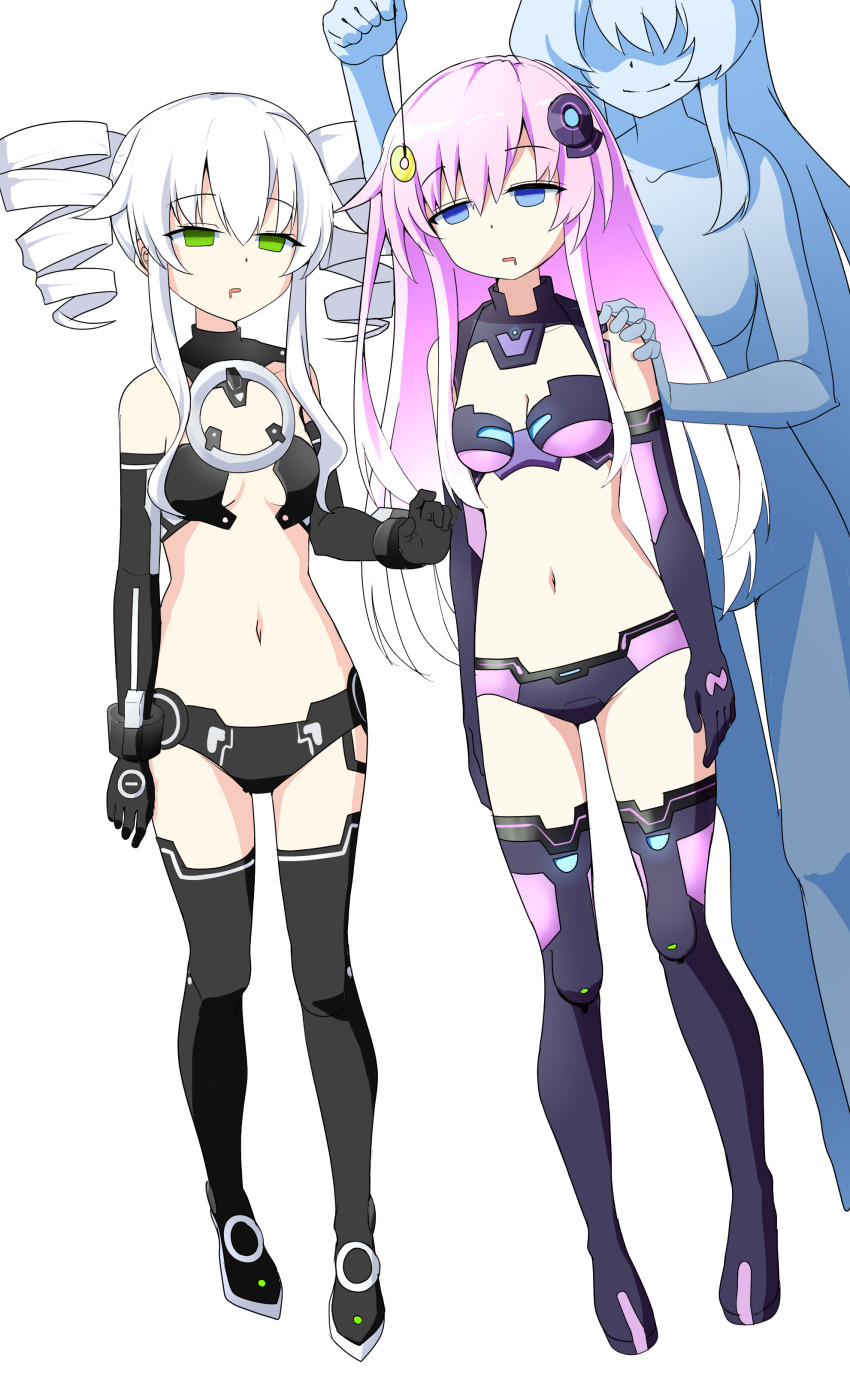 absurdres bare_shoulders black_sister blue_eyes breasts cleavage coin collarbone dazed drill_hair empty_eyes etlabsotwe expressionless faceless female_only femdom femsub gloves green_eyes hairpin hyperdimension_neptunia long_hair multiple_girls nepgear open_mouth opera_gloves pendulum pink_hair purple_sister shoes small_breasts smile standing thigh_gap thighhighs twintails uni very_long_hair white_hair