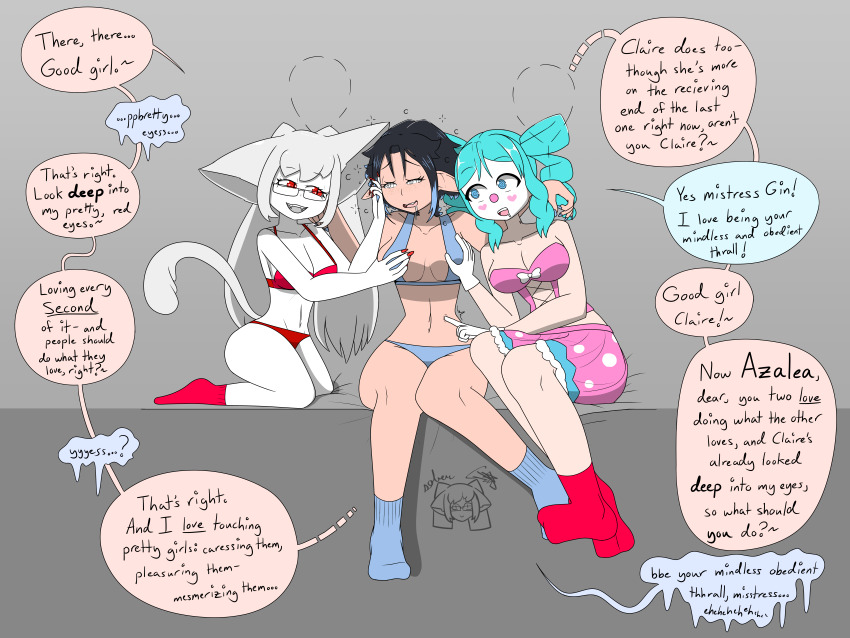 altered_common_sense altered_perception animal_ears azalea_(azalea) balloon bangs bare_shoulders bed black_hair blue_eyes blue_hair body_markings bra breast_grab breasts bubble cat_ears cat_girl cat_tail claire_(sephirothkefka) cleavage clown clown_girl collarbone corset dialogue drill_hair drool elf_ears eyebrows_visible_through_hair eyelashes fangs female_only femdom femsub gin_(sobergin) glasses good_sub_conditioning groping hand_on_another&#039;s_cheek happy_trance hypnotic_eyes hypnotized_assistant large_breasts long_hair love multicolored_hair multiple_girls nail_polish navel original panties red_eyes short_hair sideboob simple_background sitting skirt slit_pupils smile sobergin socks speech_bubble spiral_eyes spiralwash_eyes tail text twintails underwear vampire white_hair