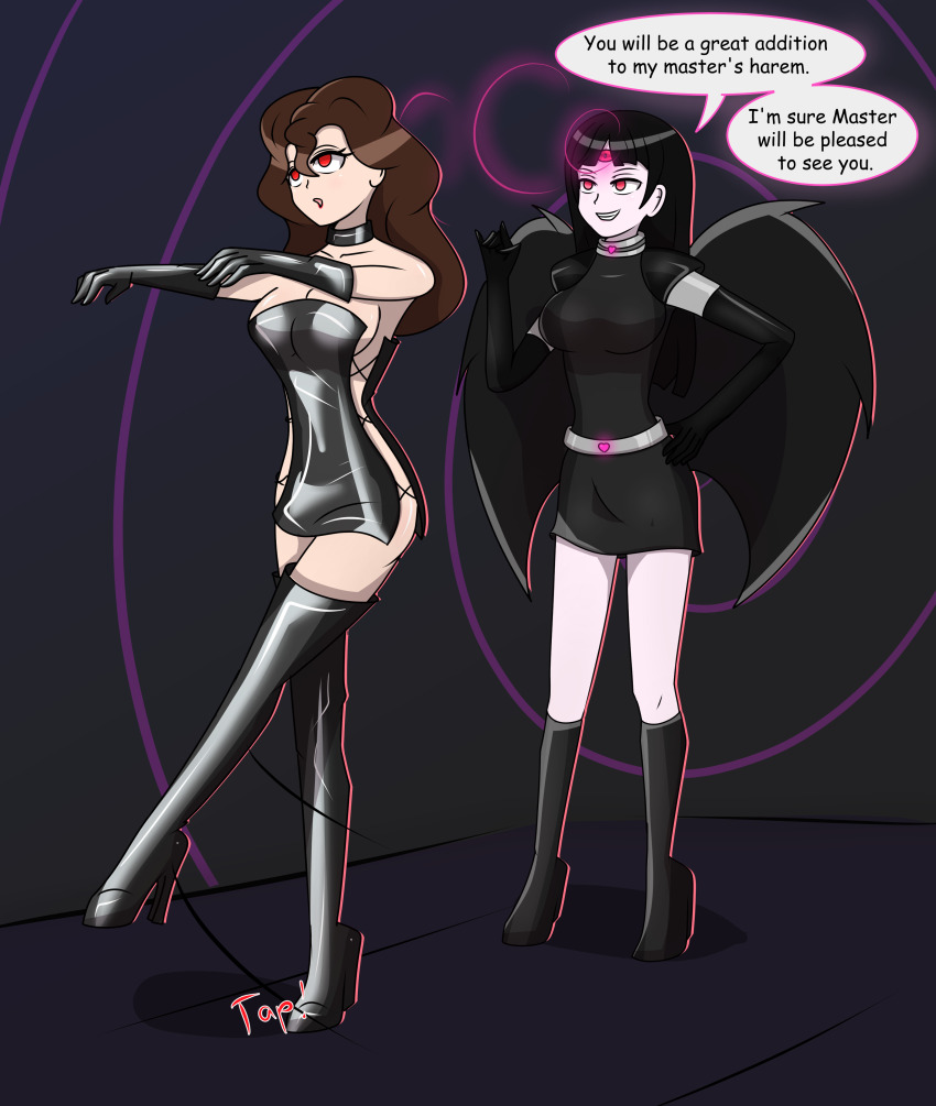 aae ami_(surrisaki) bangs belt black_hair boots brown_hair cleavage clothed collar dazed dress empty_eyes english_text expressionless female_only femsub gloves hy2300 hypnotic_eyes hypnotized_hypnotist lipstick long_hair multiple_girls multiple_subs open_mouth original red_eyes sideboob smirk speech_bubble spiral_background standing text thigh_boots third_eye wings zombie_walk