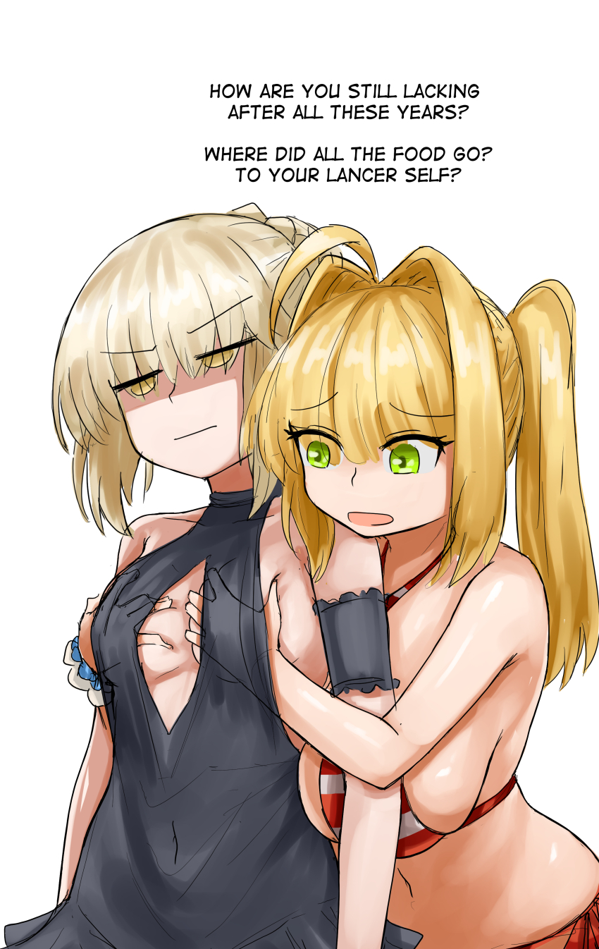 absurdres ahoge alternate_costume alternate_hairstyle angra_mainyu angry artoria_pendragon aware bare_shoulders blonde_hair body_control breasts corruption dialogue dress empty_eyes english_text eye_color_change eyebrows_visible_through_hair fate/extra fate/extra_ccc fate/grand_order fate/stay_night fate/stay_night_heaven&#039;s_feel fate_(series) femsub green_eyes groping hair_buns hair_color_change large_breasts navel nero_claudius_caesar_augustus_germanicus_(fate) platinum_blonde_hair possession saber_alter simple_background single_hair_bun steaming_tofu swimsuit text white_background yellow_eyes yuri
