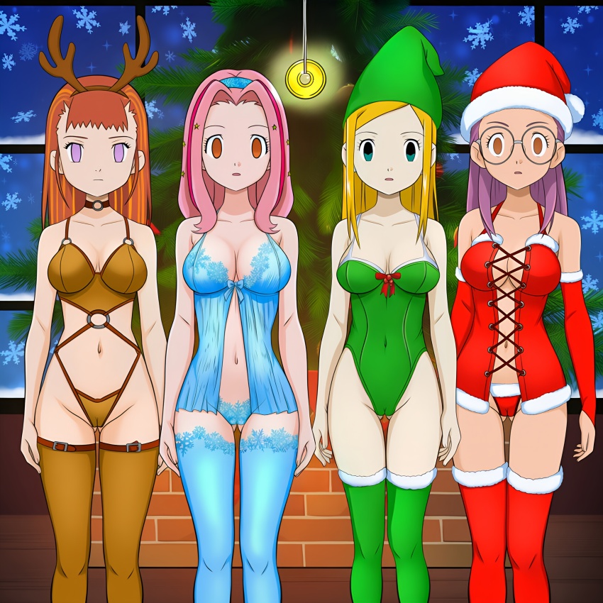 ai_art blonde_hair breasts brown_eyes brown_hair christmas christmas_tree cleavage digimon digimon_adventure_02 digimon_frontier digimon_tamers empty_eyes expressionless femsub hairband hat hellsing002_(generator) large_breasts leggings leotard lingerie mimi_tachikawa multiple_girls multiple_subs pendulum pink_hair purple_eyes purple_hair red_hair reindeer_girl rika_nonaka santa_costume santa_hat standing standing_at_attention underwear yolei_inoue zoe_orimoto
