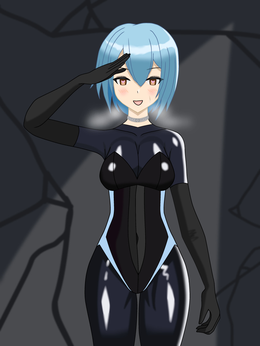 absurdres aoi_(shuxshun) blue_hair bodysuit breasts breath brown_eyes choker cleavage empty_eyes female_only femsub gloves happy_trance heart_eyes latex leotard opera_gloves original rubber saluting short_hair shuxshun solo standing standing_at_attention sweat tight_clothing