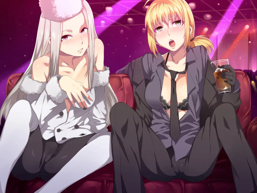 altered_common_sense artoria_pendragon drunk fate/zero fate_(series) irisviel_von_einzbern mizuryuu_kei saber stripper tagme