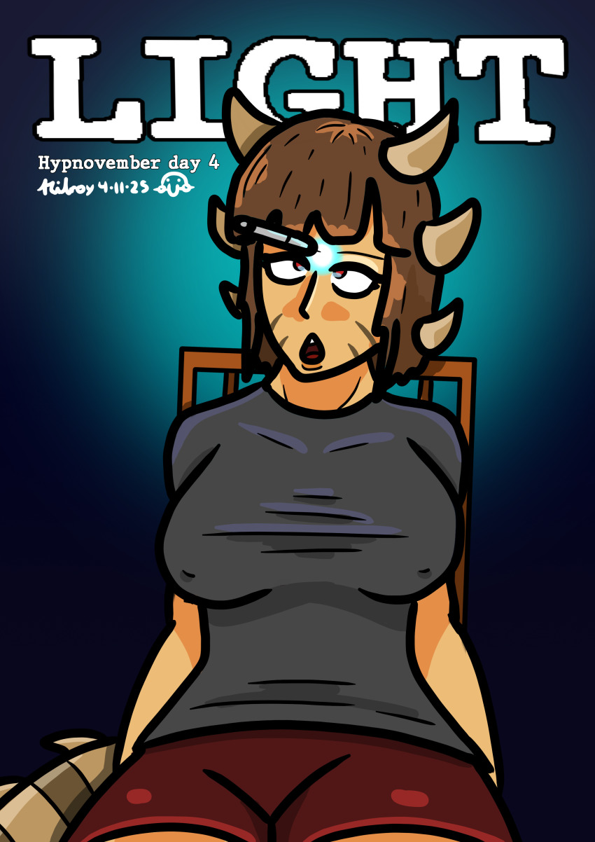 brown_hair crossed_eyes dazed erect_nipples expressionless female_only femsub horns hypnotic_light hypnovember kilroylucy18 limp lizard_girl lucy_theodulf_(kilroylucy) open_mouth original pen_light sitting solo tail underwear