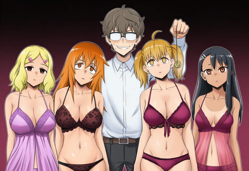 ai_art babydoll black_hair blonde_hair brown_hair empty_eyes expressionless femsub glasses gradient_background hair_clips harem hayase_nagatoro hellsing002_(generator) ijiranaide_nagatoro-san lingerie long_hair maki_gamou maledom multiple_girls multiple_subs naoto_hachioji orange_hair pendulum sakura_(ijiranaide_nagatoro-san) tan_lines tan_skin twintails yoshi_(ijiranaide_nagatoro-san)