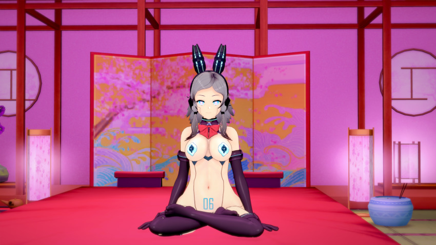 3d barcode body_writing breasts bunny_ears bunny_girl bunnybots_(milena) collar crossed_legs crotch_tattoo cuffs female_only femsub gloves grey_hair koikatsu! milena opera_gloves original pasties ribbon robot robot_girl robotization sitting tech_control thighhighs
