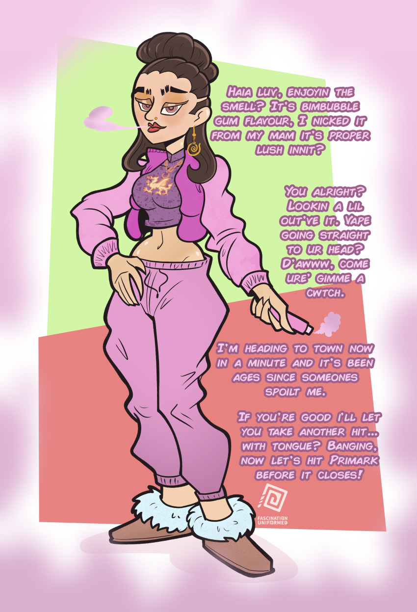 absurdres dialogue earrings female_only femdom hair_buns hoodie hypnotic_smoke jacket lowri_lushe_(sleepyheadrequiem) makeup midriff mr_scade necklace original piercing pov simple_background sleepyhead97_(manipper) slippers smoke smoking solo tan_skin text unaware vape