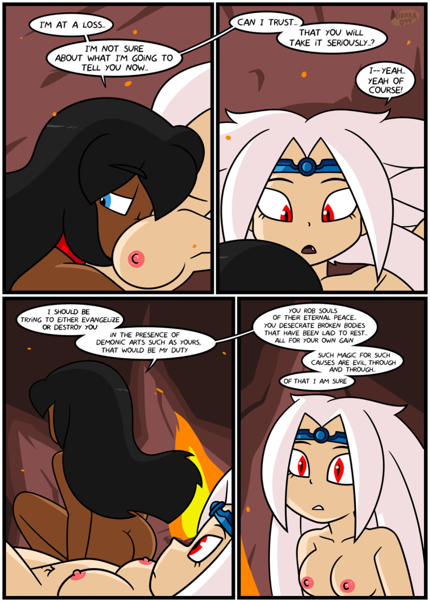 caption collar comic crown cuddling dark_skin female_only head_in_breasts long_hair nude nun white_hair witch xierra099 yuri