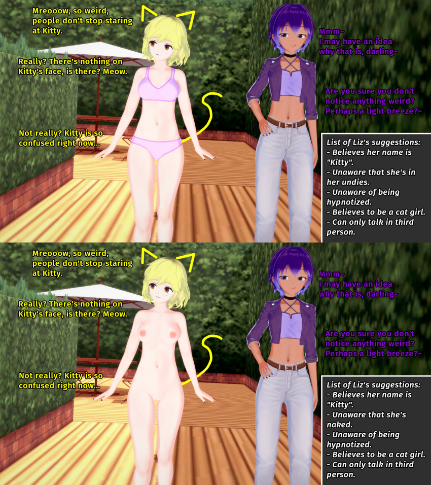 3d altered_perception blonde_hair dialogue empty_eyes english_text female_only femdom femsub jacket koikatsu! latina liz_(liz_b) liz_b midriff miss_hypnos_(liz_b) mole nail_polish nipples nude orange_eyes original pants pet_play purple_eyes purple_hair tan_skin text unaware underwear